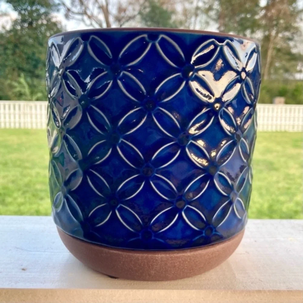 6 Inch Blue Planter Ceramic Pot Cobalt Embossed Floral Pattern Inline Saucer NWT
